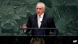 Brazil's President Michel Temer addresses the 73rd session of the United Nations General Assembly, at U.N. headquarters, Sept. 25, 2018. 