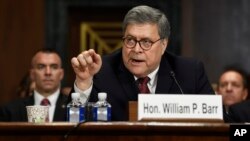 FILE - Attorney General William Barr testifies before the Senate Judiciary Committee on Capitol Hill in Washington, May 1, 2019. 
