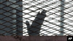 FILE - A defendant is seen caged in a courtroom in Torah prison, southern Cairo, Egypt.