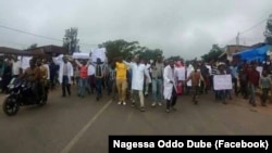 Demonstrators protest MIDROC mining's alleged environmental degradation, marching in Ethiopia's Goro Dola district, May 8, 2018. Ethiopia's government suspended MIDROC's mining permit Wednesday. 