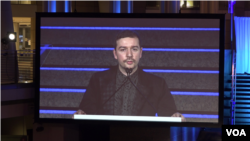 U.S., EU and Serbian flags before the press conference of Matthew Palmer, deputy assistant secretary of the U.S.Department of State - Bureau of European and Eurasian Affairs and the Serbian president after their meeting in Belgrade, Serbia, Nov. 4, 2019.