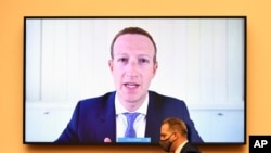 FILE - Facebook CEO Mark Zuckerberg testifies remotely during a House Judiciary subcommittee hearing on antitrust on Capitol Hill on July 29, 2020, in Washington.