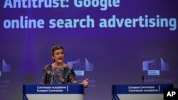 European Competition Commissioner Margrethe Vestager speaks during a media conference at EU headquarters in Brussels, March 20, 2019.