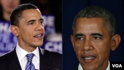左图为奥巴马2008年当选总统时,右图为奥巴马2015年在美国白宫发表讲话