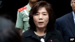 FILE - Choe Son Hui, deputy director general of the Department of US Affairs of North Korea Foreign Ministry, briefs journalists outside the North Korean embassy in Beijing, China, June 23, 2016. 