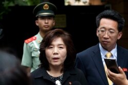 FILE - Choe Son Hui, deputy director general of the Department of US Affairs of North Korea Foreign Ministry, briefs journalists outside the North Korean embassy in Beijing, China, June 23, 2016.