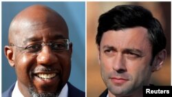 Democratic U.S. Senate candidates Rev. Raphael Warnock and Jon Ossoff are seen in a combination of file photographs.