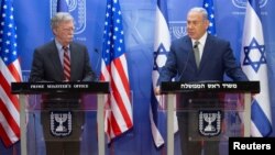 Israeli Prime Minister Benjamin Netanyahu speaks during his meeting with U.S. National Security Adviser John Bolton at the Prime Minister's office in Jerusalem, Aug. 20, 2018.