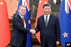 시진핑(오른쪽) 중국 국가주석과 크리스 힙킨스 뉴질랜드 총리가 27일 베이징 인민대회당에서 회담 직전 악수하고 있다.