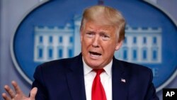 President Donald Trump speaks about the coronavirus in the James Brady Press Briefing Room of the White House, April 9, 2020, in Washington. 