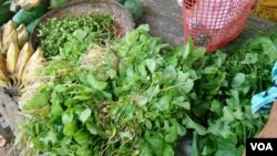 តូបលក់បន្លែនៅផ្សារព្រែកចាម ពេលព្រឹក នៅភូមិស្វាយឃ្លាំង ឃុំស្វាយឃ្លាំង ស្រុកក្រូចឆ្មារ ខេត្តកំពង់ចាម នៅថ្ងៃអាទិត្យ ទី២៣ ខែកក្កដា ឆ្នាំ២០១៧។ (សើ សាយ្យាណា/VOA)