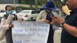 ក្រុម​អ្នកតវ៉ាត្រូវលើកបដា​ ស្នើ​សុំ​កិច្ច​អន្តរាគមន៍​របស់​សហភាព​អឺរ៉ុប ដើម្បីឲ្យ​មានការ​ដោះលែងក្រុម​មន្ត្រី​គណបក្ស​ប្រឆាំង​ដែលកំពុង​ជាប់ឃុំ​ នៅរាជធានីភ្នំពេញ ថ្ងៃទី៣ ខែកក្កដា ឆ្នាំ២០២០។ (ហ៊ុល រស្មី/វីអូអេ)​