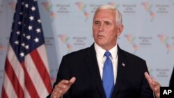 U.S. Vice President Mike Pence speaks during a news conference at the Summit of the Americas in Lima, Peru, April 14, 2018.