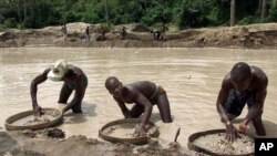 Des prospecteurs de diamants passent au crible la terre dans la mine de Corbert à Waiima, en Sierra Leone, le 24 mai 2000. 