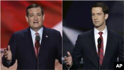 FILE - From left, Texas Senator Ted Cruz and Arkansas Senator Tom Cotton applauded President-elect Donald Trump's decision to accept a telephone call from Taiwan President Tsai Ing-wen on Friday.