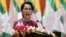 Myanmar's State Counselor Aung San Suu Kyi delivers a televised speech to the nation at the Myanmar International Convention Center in Naypyitaw, Myanmar, Sept. 19, 2017. 
