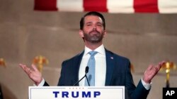 FILE - Donald Trump Jr. tapes his speech for the first day of the Republican National Convention from the Andrew W. Mellon Auditorium in Washington, Aug. 24, 2020.
