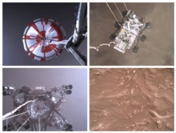 This combination of images from video made available by NASA shows steps in the descent of the Mars Perseverance rover as it approaches the surface of the planet on Feb. 18, 2021.