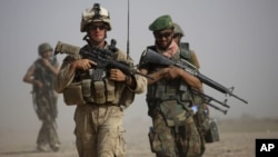 A U.S. Marine and an Afghan soldier are seen on joint patrol in Helmand province, southern Afghanistan (file photo).