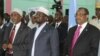Somali president Sharif Sheik Ahmed, center, Prime Minister, Abdiwali Mohamed Ali, right, and parliament speaker Sharif Hassan Sheik Adan, left, during constituent assembly opening in Mogadishu, July 25, 2012. 