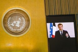 This U.N. handout photo shows French President Emmanuel Macron as he virtually addresses the general debate of the 75th session of the United Nations General Assembly in New York, Sept. 22, 2020.