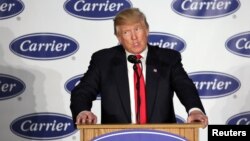 FILE - President-Elect Donald Trump speaks at event at Carrier HVAC plant in Indianapolis, Indiana, Dec. 1, 2016. 