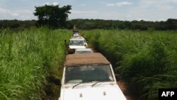 A view of electoral official's convoy escorted by forces from the United Nations on the road to Bocaranga, Central African Republic, on Sept. 23, 2020.