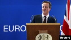 Britain's Prime Minister David Cameron addresses a news conference during a European Union leaders summit in Brussels, Belgium, March 20, 2015. 