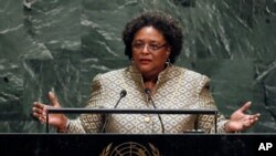 Prime Minister Mia Amor Mottley, of Barbados, addresses the 74th session of the United Nations General Assembly, Sept. 27, 2019.