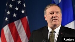 제17차 북극이사회 각료회의 참석을 위해 핀란드를 방문한 마이크 폼페오 미 국무장관이 6일 로바니에미에서 북극정책과 관련해 발언하고 있다. 