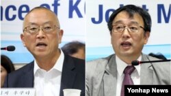 한국과 WHO 메르스 합동평가단 공동단장인 케이지 후쿠다 WHO 사무차장과 이종구 서울대 의과대학 이종욱글로벌의학센터 센터장이 13일 오전 기자회견을 열고 있다. 