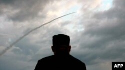 김정은 북한 국무위원장이 지난달 31일 신형 '대구경조종방사포' 시험발사를 지도했다며, 조선중앙TV가 발사 사진을 공개했다.