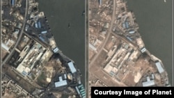 북한 서해안 대안항의 지난해 10월 9일 위성사진(왼쪽)과 올해 12월 5일 위성사진. 북한의 대표적인 석탄항 중 한 곳이지만 긴 시간 석탄이 취급되지 않으면서 과거 석탄이 쌓였던 곳이 맨바닥을 드러냈다. (제공=Planet)