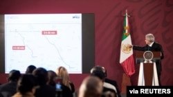 Mexico's President Andres Manuel Lopez Obrador shows a map of the area where members of a U.S. Mormon family were killed by unknown assailants near the U.S. border, at the National Palace in Mexico City, Mexico, Nov. 5, 2019. (Presidential Press Office)