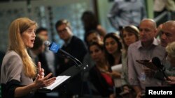 U.S. Ambassador to the U.N. Samantha Power speaks to the press following a U.N. Security Council meeting, United Nations Headquarters, New York, Sept. 5, 2013.