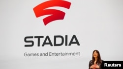 Jade Raymond, head of Google's Stadia Games and Entertainment, speaks on stage during a keynote address at the Game Developers Conference in San Francisco, California, March 19, 2019. 