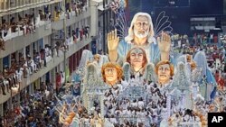 A float from the Beija Flor samba school parades through the Sambadrome during carnival celebrations in Rio de Janeiro, Brazil, early Tuesday March 8, 2011