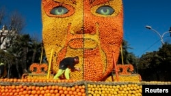 A worker puts the final touches to a Beijing opera mask made with lemons and oranges. This was part of the 82th Lemon festival in Menton, France 2015. (Photo REUTERS/Eric Gaillard)