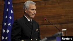 Vice Admiral James Syring, shown speaking at the Romanian Foreign Affairs Ministry in Bucharest, Dec. 18, 2015, says the U.S. has taken steps to defend its missile defense networks, but he's concerned about potential vulnerabilities among defense contractors.