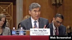 성 김 미 국무부 한국·일본 담당 부차관보 겸 대북정책 특별대표가 20일 상원 외교위원회에서 북한 문제 관련 청문회에 출셕했다. 미 의회 웹캐스트 화면.