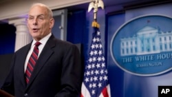 FILE - Homeland Security Secretary John Kelly talks to the media during the daily press briefing at the White House in Washington.