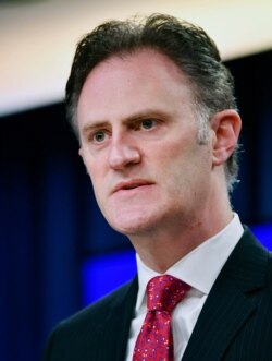 FILE - State Department Coordinator for Counterterrorism, Ambassador Nathan Sales, speaks during a press conference at the State Department, June 24, 2020, in Washington.