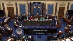 In this image from video, the final vote total of 57-43, to acquit former President Donald Trump of the impeachment charge, incitement of insurrection, in the Senate at the U.S. Capitol in Washington, Saturday, Feb. 13, 2021. (Senate Television via…