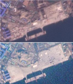 남포 컨테이너항을 촬영한 위성사진. 2020년 12월(위)에는 컨테이너가 야적장에 가득하지만, 2019년 12월에는 텅 빈 모습이다. 제공=Planet Labs