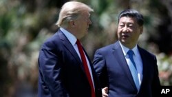 FILE - President Donald Trump and Chinese President Xi Jinping walk together after their meetings at Mar-a-Lago, April 7, 2017, in Palm Beach, Florida. 