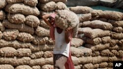 An Indian laborer carries a sack of onions at a warehouse in Jammu, India, August 22, 2013.