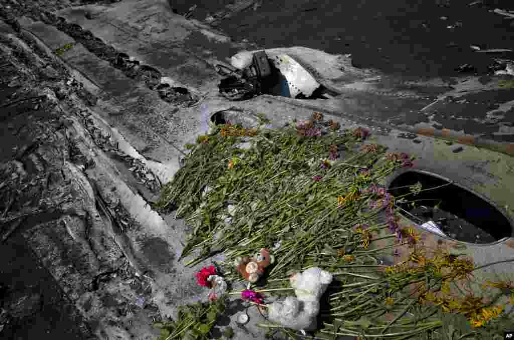 Toys and flowers are placed on the charred fuselage at the crash site of Malaysia Airlines Flight 17 near the village of Hrabove, eastern Ukraine, July 20, 2014.