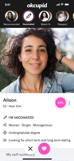 On the dating site OkCupid, people can add that they are vaccinated. (Photo courtesy of OkCupid)