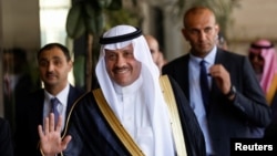 Saudi ambassador Nayef al-Sudairi gestures as he visits Ramallah in the Israeli-occupied West Bank on Sept. 26, 2023.