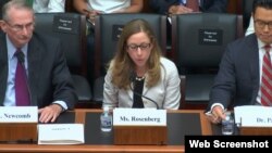 19일 미 하원 금융위원회에서 열린 '북한의 금융망 접근 제한' 청문회에 존스홉킨스대학 국제대학원의 윌리엄 뉴콤 객원연구원(왼쪽부터), 신미국안보센터 CNAS의 엘리자베스 로젠버그 연구원, 존 박 하버드 케네디 스쿨 선임연구원이 참석해 증언하고 있다. 중간 신미국안보센터 CNAS의 엘리자베스 로젠버그 연구원 오른쪽 존 박 하버드 케네디 스쿨 선임연구원